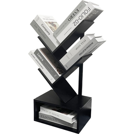 Bamboo 4 Tree Bookshelf Small Bookcase Free Standing Wood Bookcase for Narrow Space Modern Book Storage Rack for Books/Movies/CDs Narrow Display Rack for Living Room Home Office (Black, 4-Tier) Sholramo