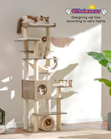 Gitelsnour Cat Tree, 64" Tall Wood Cat Tower for Indoor Cats Large Adult, Modern Cat Condo with Scratching Post and Food Station, Cat Tunnel, 2 Cat Bowls, Hammock, Rustic Gray GCT101-MSG Gitelsnour