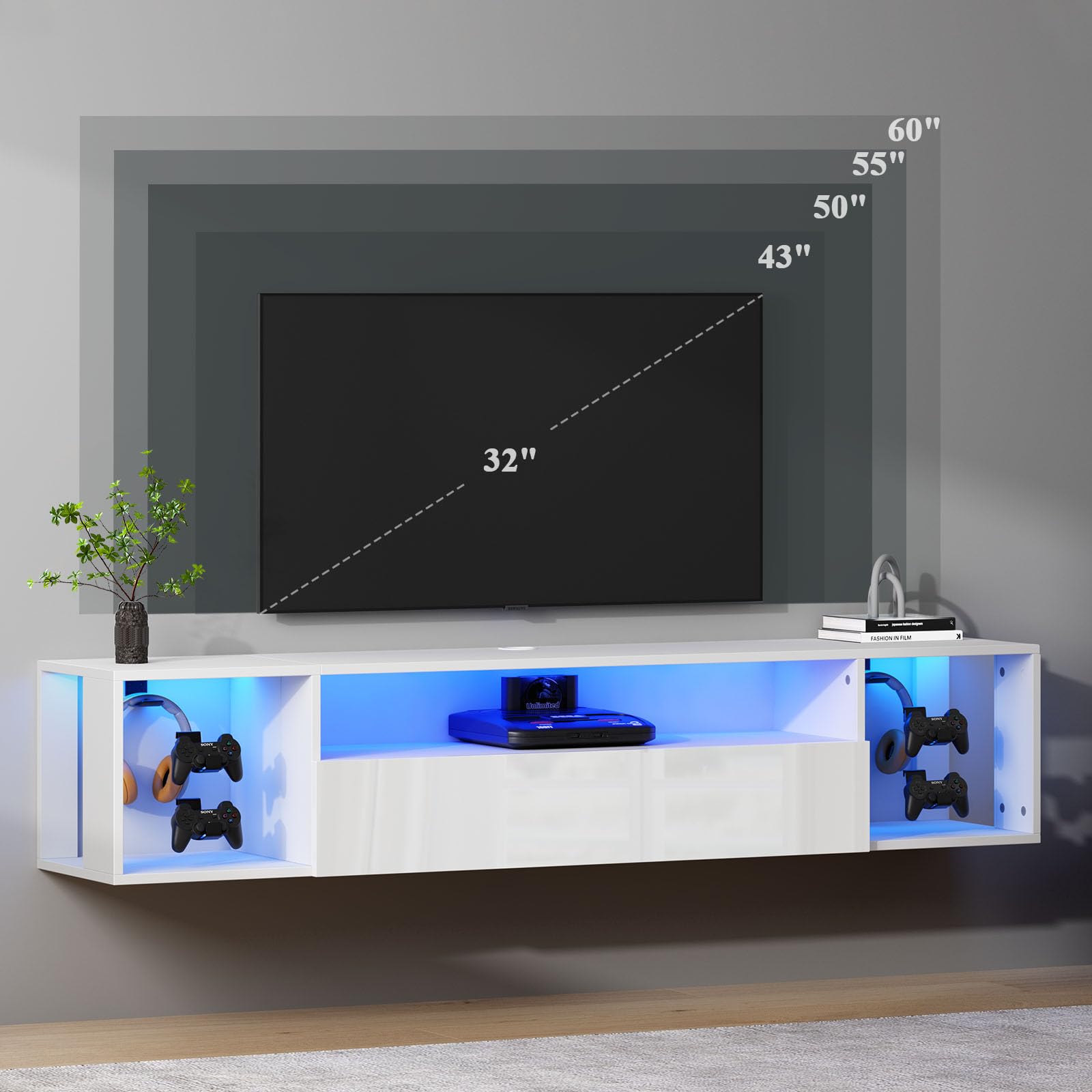 SogesPower Floating TV Stand with Lights,Floating Entertainment Center Wall Mounted LED TV Stand with Storage for Living Room Bedroom,Modern White Floating TV Shelf, 55inch - WoodArtSupply