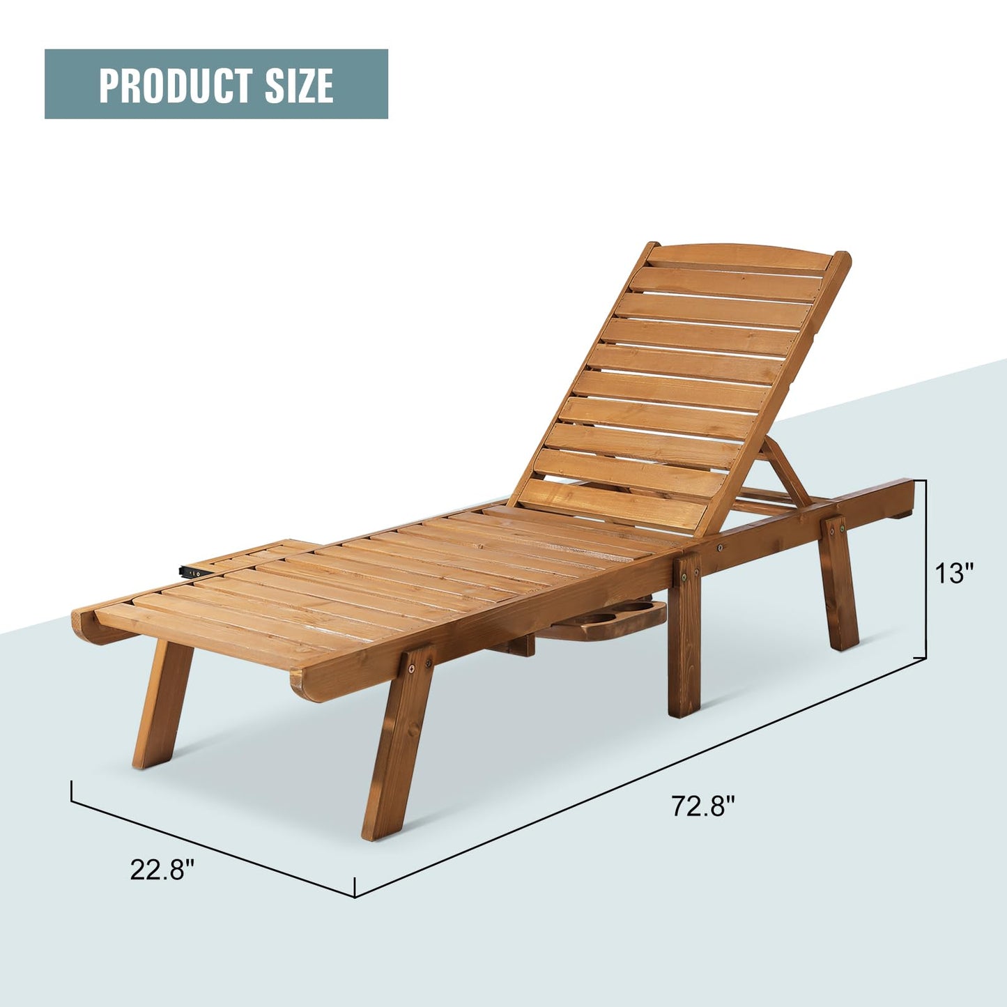 2 PCS Wood Chaise Lounge Chair - Patio Chaise Lounger Set of 2 with Cup Holder & Side Table, Outdoor Recliner with Adjustable Backrest for Backyard, Garden, Poolside