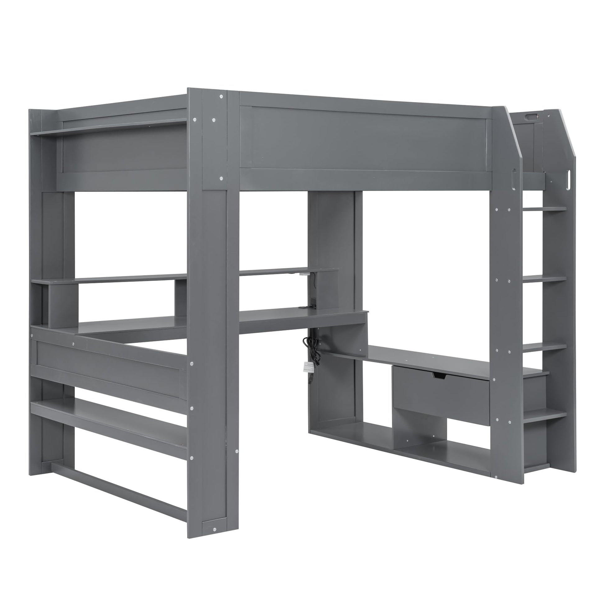 Wooden Full Size Dark Gray Gaming Loft Bed with Integrated Desk, Shelves, and LED Charging Station - WoodArtSupply