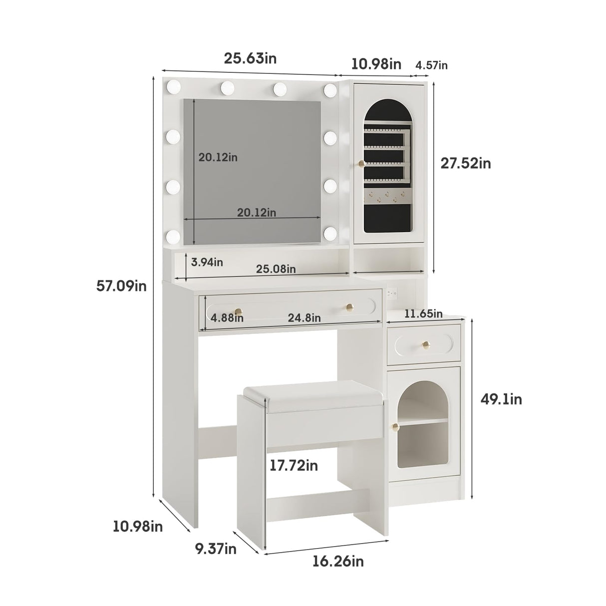 Mauqvit Vanity Desk with Mirror and Light，Vanity Desk with 2 Large Drawers, 2 Large Storage，Charging Station and 10 Lights 3 Lighting Modes Adjustable Brightness Dresser, White Maupvit