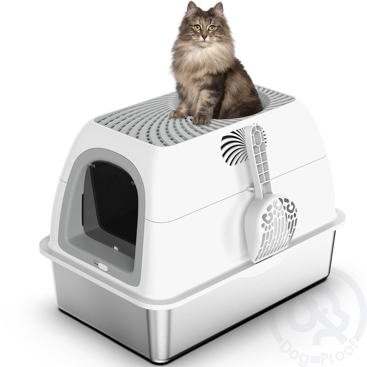 Stainless Steel Top Entry Litter Box with Dog-Proof, Hooded Stainless Steel Litter Box with Filter Lid & Scoop for Low Tracking, Enclosed Cat Litter Boxes for Anti-Leakage Metal Litter Pan suzzipaws