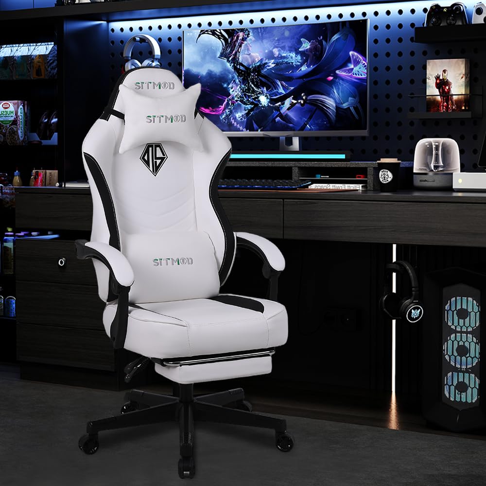 Gaming Chair for Adults, Comfy Gamer Chairs with Footrest and Lumbar Support, Height Adjustable Reclining Heavy Duty Computer Chair for Gaming Room, Living Room and Office