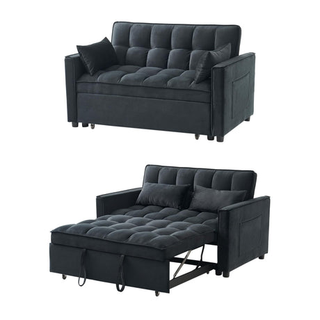 FENFSHE Futon Sofa Bed, Modern Velvet 3 in 1 Sleeper Sofa Couch Bed, Pullout Couch Bed with Adjustable Backrest, Storage Pockets and Toss Pillows for Living Room, Bedroom (Black) FENFSHE