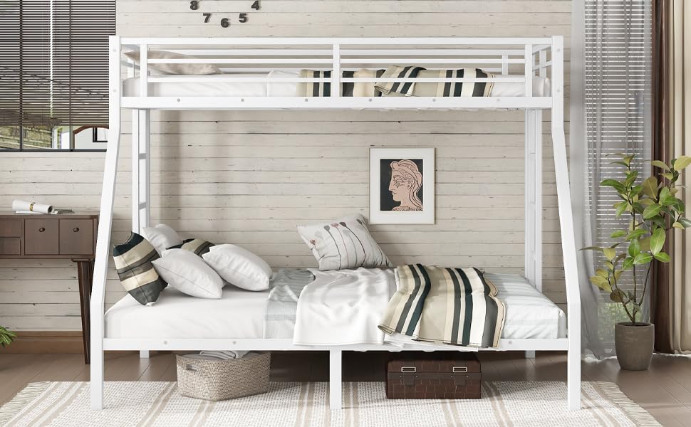 Belllemave Twin XL Over Queen Bunk Beds, Heavy Duty Bunk Bed with Safety Guardrail and 2 Ladders, Metal Queen Bed with Slats Support for Adults Teens Kids, Noise-Free, White Bellemave