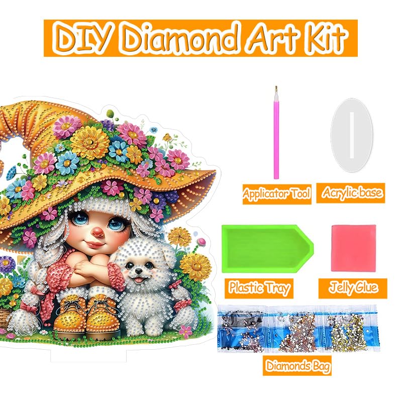 Cute Little Girl and Dog Diamond Painting Desktop Ornament Kit, 5D DIY Acrylic Crystal Special Shaped Tabletop Kawaii Diamond Art Home Decor for Adult (ZS08) WoodArtSupply