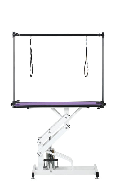 TRODEP 42.5" Hydraulic Dog Grooming Table for Large Dogs Heavy Duty Height Adjustable Dog Grooming Table with Gantry Arm & Noose Height Range 21-36 inch Purple