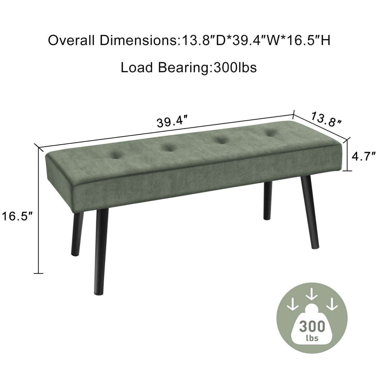 Comfy to go Entryway Bench - Green Bench for Bedroom, Modern Ottoman End of Bed, Corduroy Padded Benches for Living Room, Foyer, Mudroom, Hallway - 39" L x 14" W x 17" H Comfy to go