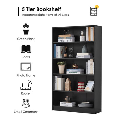 Farini Black Bookshelf for Bedroom 5 Shelf Office Bookcase 60 Inches Tall Modern Wood Bookshelf for Living Room 5 Tier Wide Manga Bookshelf Library Bookcase - WoodArtSupply