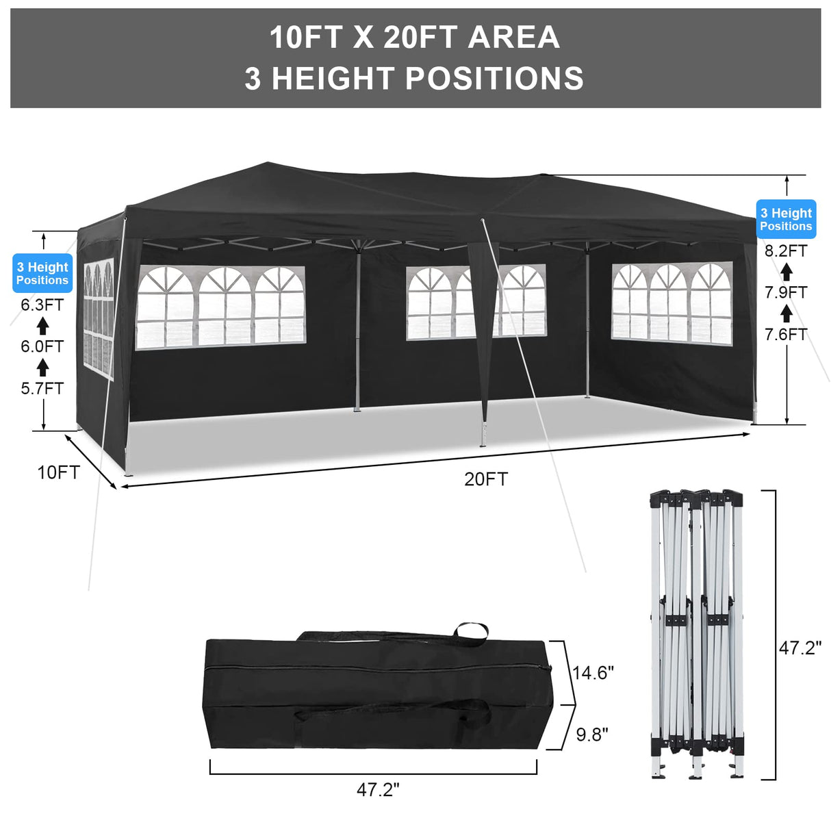 TUKAILAI 10' x 20' Pop Up Gazebo Marquee, Anti-UV Party Wedding Tent Event Shelters with 6 Removable Sidewalls & Carry Bag, Heavy Duty Instant Canopy for Outdoor Camping Garden Patio (Black) TUKAILAi