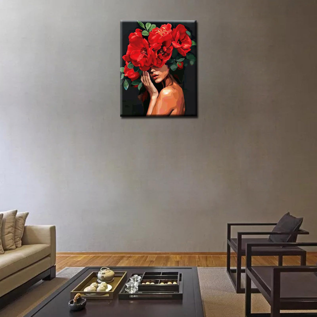 Tucocoo Women with Flowers on Head Paint by Numbers for Adults Beginner Female Body Painting Red Flower Acrylic Oil Painting Set for Home Decor and Gift for Festival Without Frame-16''W x 20''H Tucocoo