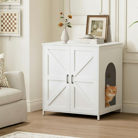 Homhedy Extra-Large Cat Litter Box Enclosure, for Placing Litter Robot 3/4, Self Cleaning Litter Box Cabinet, Wooden Cat Washroom Furniture with Barn Door, Pet House, White Homhedy