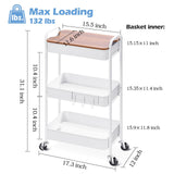 TOOLF 3-Tier Rolling Cart with Table Top, Metal Storage Cart on Wheels, Utility Organizer with Wooden Tray, Lockable Casters, Easy Assembly for Bathroom, Living Room, Office, Kitchen, White TOOLF
