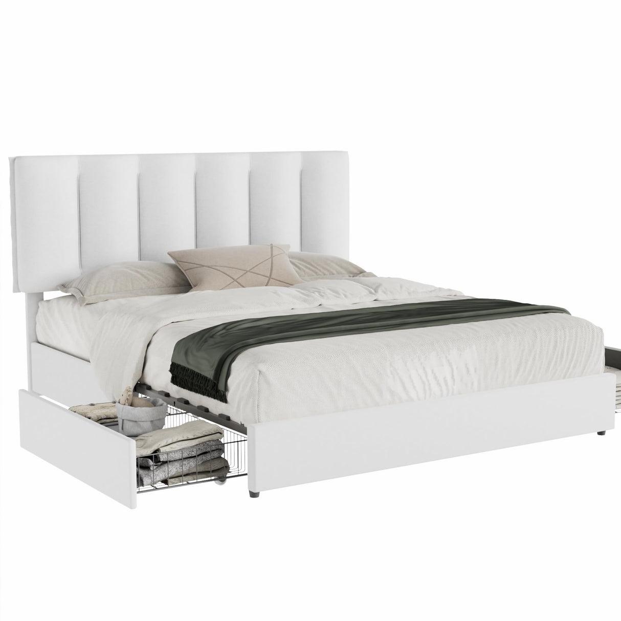 VECELO King Size Bed Frame with 4 Storage Drawers, Adjustable Height Headboard, Heavy-Duty Platform Bedframe with Strong Wooden Slats, No Box Spring Needed, Pure White VECELO
