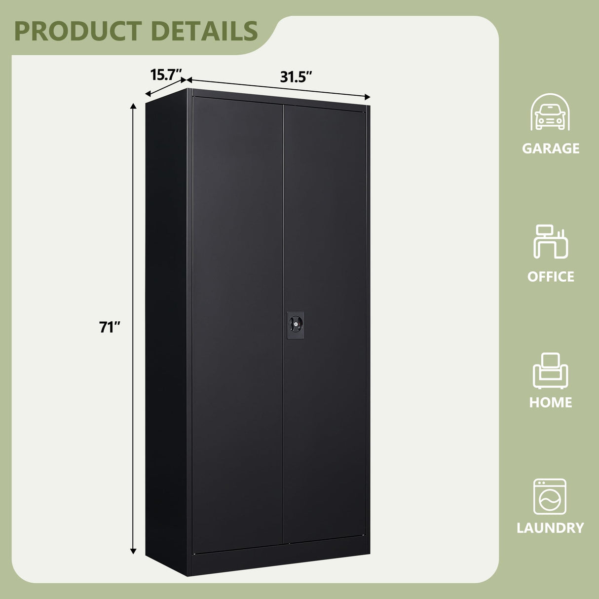 RAVIGIN Metal Garage Storage Cabinet with Lock, 71" Locking Tool Cabinet with 2 Doors and 5 Adjustable Shelves, Tall Steel Cabinet Garage for Home,Office,Warehouse，School (Black) RAVIGIN