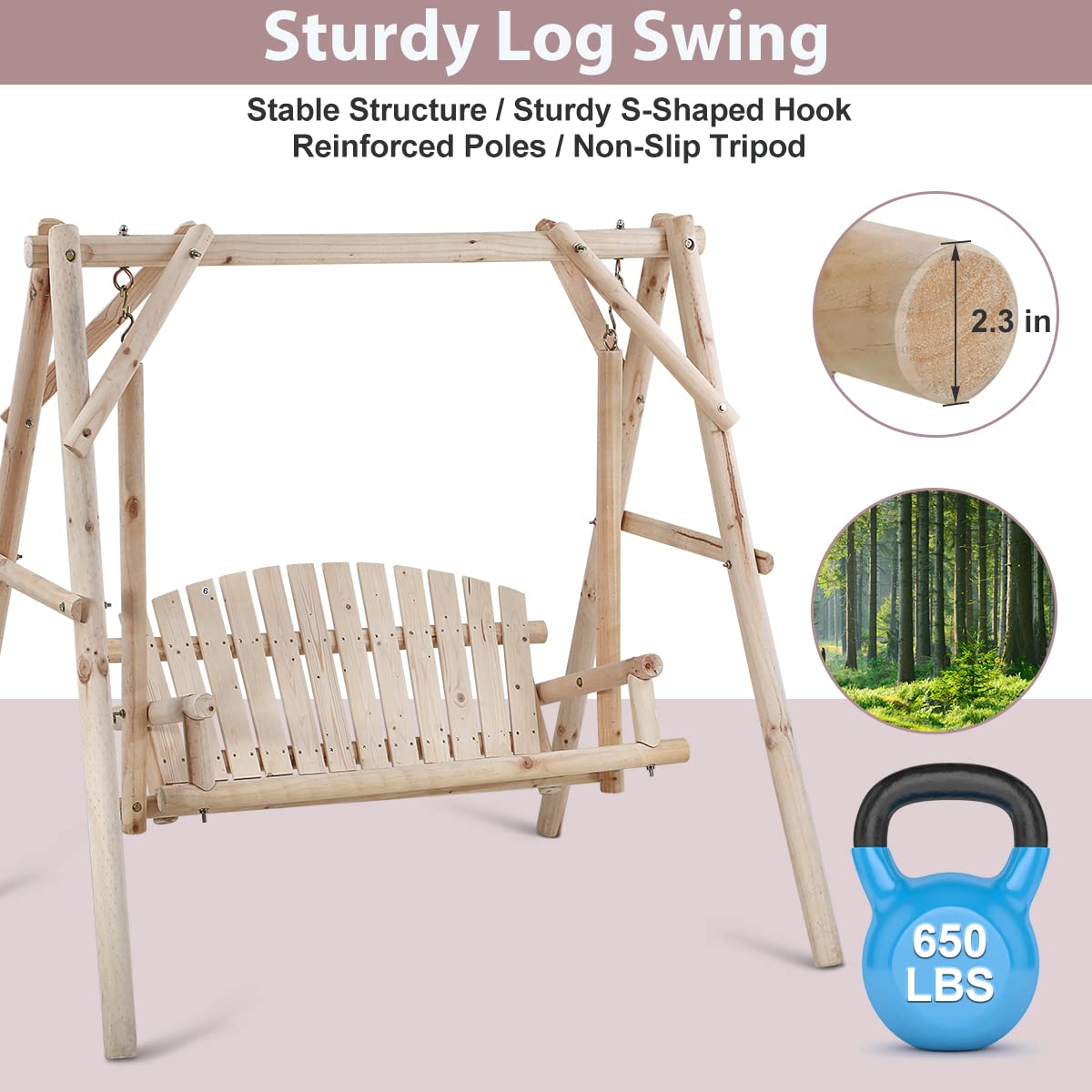 Outdoor Wooden Porch Swing 67 Inch Log Swing with Stand, A-Frame Yard Swing Set Patio Furniture Modern 2 Person Swing Sturdy Garden Bench Swing Rustic Curved Back Swing Chair for Adults - WoodArtSupply