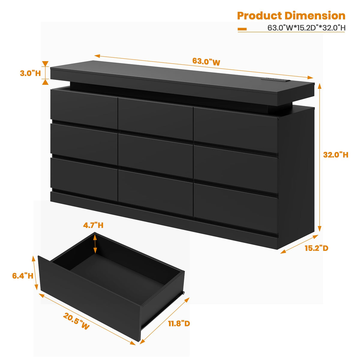 Garvee 9 Drawer Dresser for Bedroom - 63” Wide Chest of Drawers with LED Light and Charging Station, Large TV Stand Multi-Function Home Organizer for Living Room, Entryway, Hallway, Black Garvee