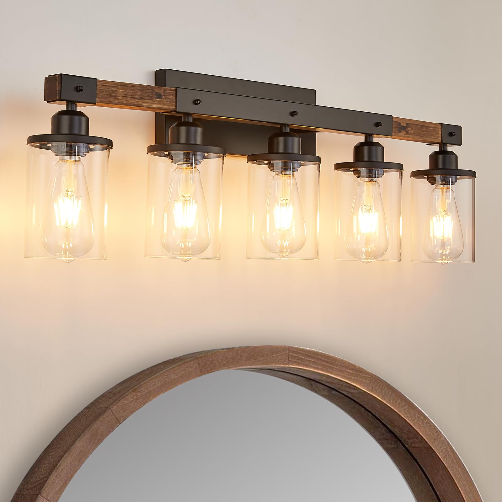 Feohak 5-Light Bathroom Vanity Light Fixtures, Farmhouse Vanity Lights for Bathroom, Rustic Industrial Vintage Black Wood Wall Sconce Over Mirror with Clear Glass Shade - WoodArtSupply