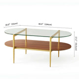 LumFurn Oval Glass Coffee Table, Mid-Century Modern Design, L41 x W21 x H17 inch, for Living Room, 2-Tier Structure, Clear Glass Top and Walnut Finish Wood Shelf, Conical Legs with Gold Finish Frame LumFurn