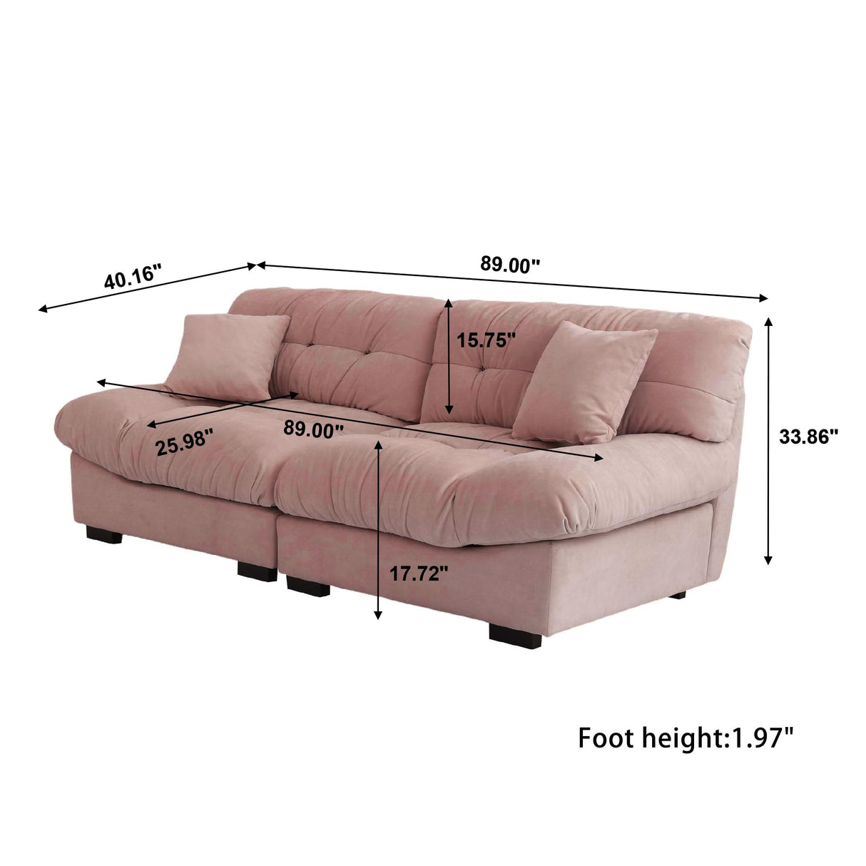 Cloud Modular Sectional Sofa,Scrub Velvet Minimalist Sofa Couch for Living Room, Curved Couch,Modern LoveSofa with 2 Pillows 3 Seater for Apartment Office Studio, Deep Seat Couches (Pink, 89inch) WJShome