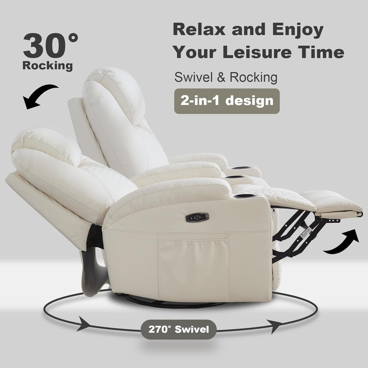 IBTKIG Power Swivel Rocker Recliner Chair with Massage and Heat/LED Lights/USB and Type-C Ports/Infinite Position/Cup Holder, Electric Glider Reclining Sofa for Nursery Living Room (1, Beige) IBTKIG
