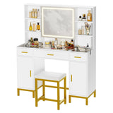 Vanity Desk with Openable Mirror and Lights, Glass Tabletop Makeup Vanity Set with Charging Station, White Vanity Table with 3 Drawers & 2 Cabinets, DIY Drawer Dividers, Hidden Hooks VIAGDO