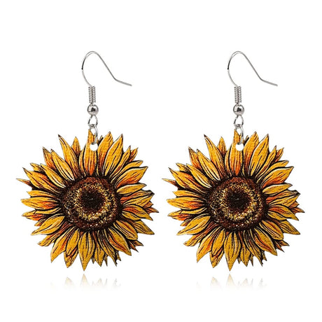 Unique Simple Handmade Wooden Sunflower Daisy Flower Dangle Drop Earrings Bohemian Colour Sunflower Earrings for Women Elegant Summer Boho Jewelry (Yellow Sunflowers Earrings) DIYANMMY