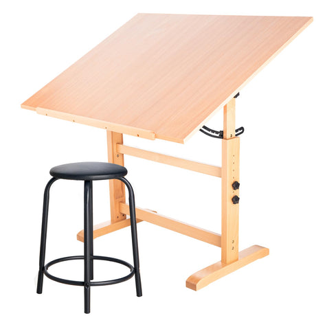 Falling in Art Wooden Drafting Table and Stool Set, 30" x 42" Adjustable Height and Angle Solid Wood Drawing Desk for Adults, Artist Craft Table for Painting Artwork, Reading, and Writing Falling in Art