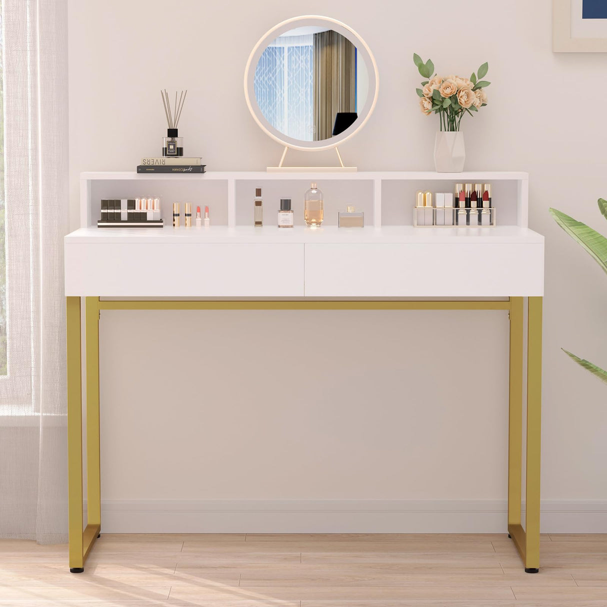 GreenForest Vanity Desk with 2 Drawers, White Makeup Desk with 3 Storage Spaces, 40 inch Small Desk with Gold Metal Legs, Modern Home Office Desk for Kids, Bedroom (No Mirror) GreenForest