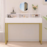 GreenForest Vanity Desk with 2 Drawers, White Makeup Desk with 3 Storage Spaces, 40 inch Small Desk with Gold Metal Legs, Modern Home Office Desk for Kids, Bedroom (No Mirror) GreenForest