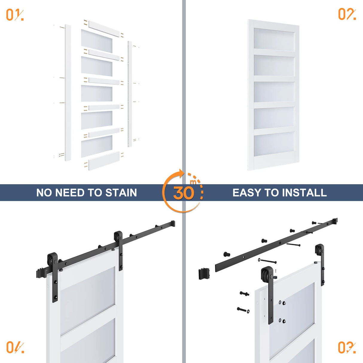 ROYMELO 48x84 Inch Glass Sliding Barn Door Slab and 8ft Hardware Kit Included, 5 Frosted Glass, LVL Wood Panel Covered with White Water-Proof Scratch-Proof PVC Surface, Simple DIY Assembly ROYMELO