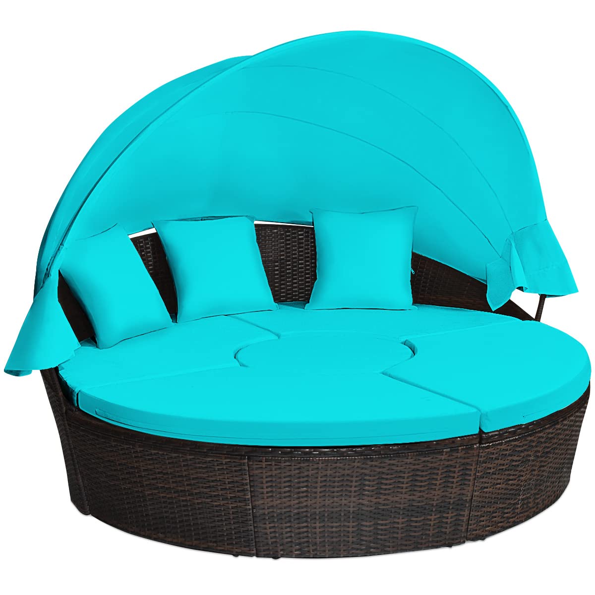Tangkula Patio Round Daybed with Retractable Canopy, Outdoor Wicker Rattan Furniture Sets, Sectional Cushioned Sofa Set w/Height Adjustable Coffee Table, Rattan Conversation Sets (Turquoise) Tangkula