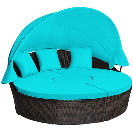 Tangkula Patio Round Daybed with Retractable Canopy, Outdoor Wicker Rattan Furniture Sets, Sectional Cushioned Sofa Set w/Height Adjustable Coffee Table, Rattan Conversation Sets (Turquoise) Tangkula