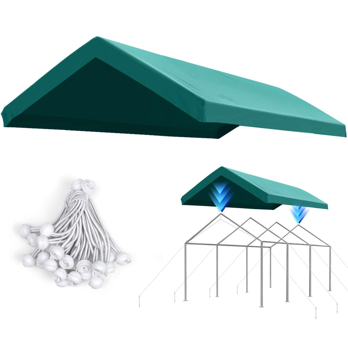 ADVANCE OUTDOOR Replacement Top Cover Tarp for 12x20 ft Carport Canopy with Ball Bungees, Green, One Roof Only ADVANCE OUTDOOR