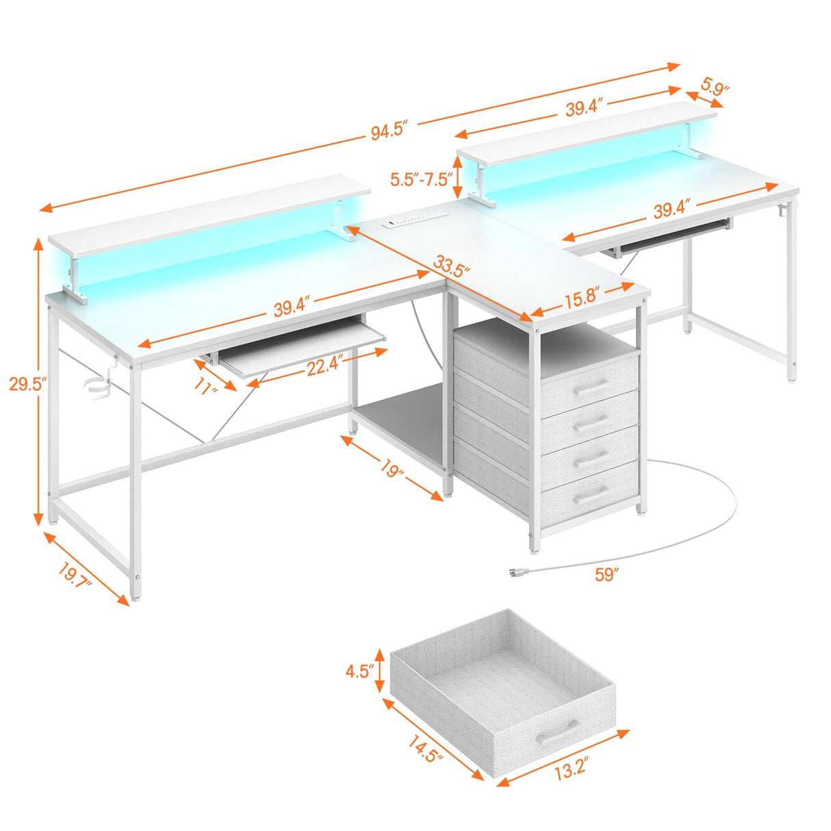DOMICON 2 Person Desk with Power Outlet & LED Lights, Extra Long 94.5 Inch Computer Desk with Storage Shelves and Monitor Stand for Home Office, Double Gaming Desk, White DOMICON