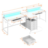 DOMICON 2 Person Desk with Power Outlet & LED Lights, Extra Long 94.5 Inch Computer Desk with Storage Shelves and Monitor Stand for Home Office, Double Gaming Desk, White DOMICON