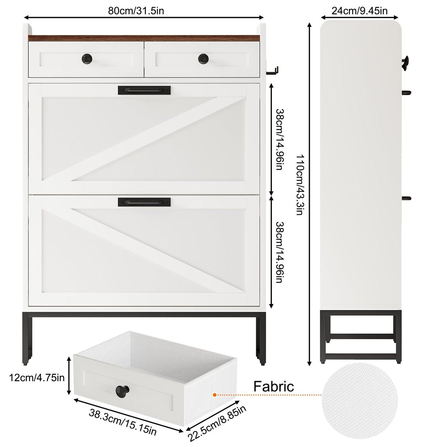 YGEOMER Shoe Cabinet Storage for Entryway, Farmhouse Shoes Organizer Rack with 2 Flip Drawers and 2 Fabric Drawers, Narrow Slim Shoe Cabinet for Door Entrance, White