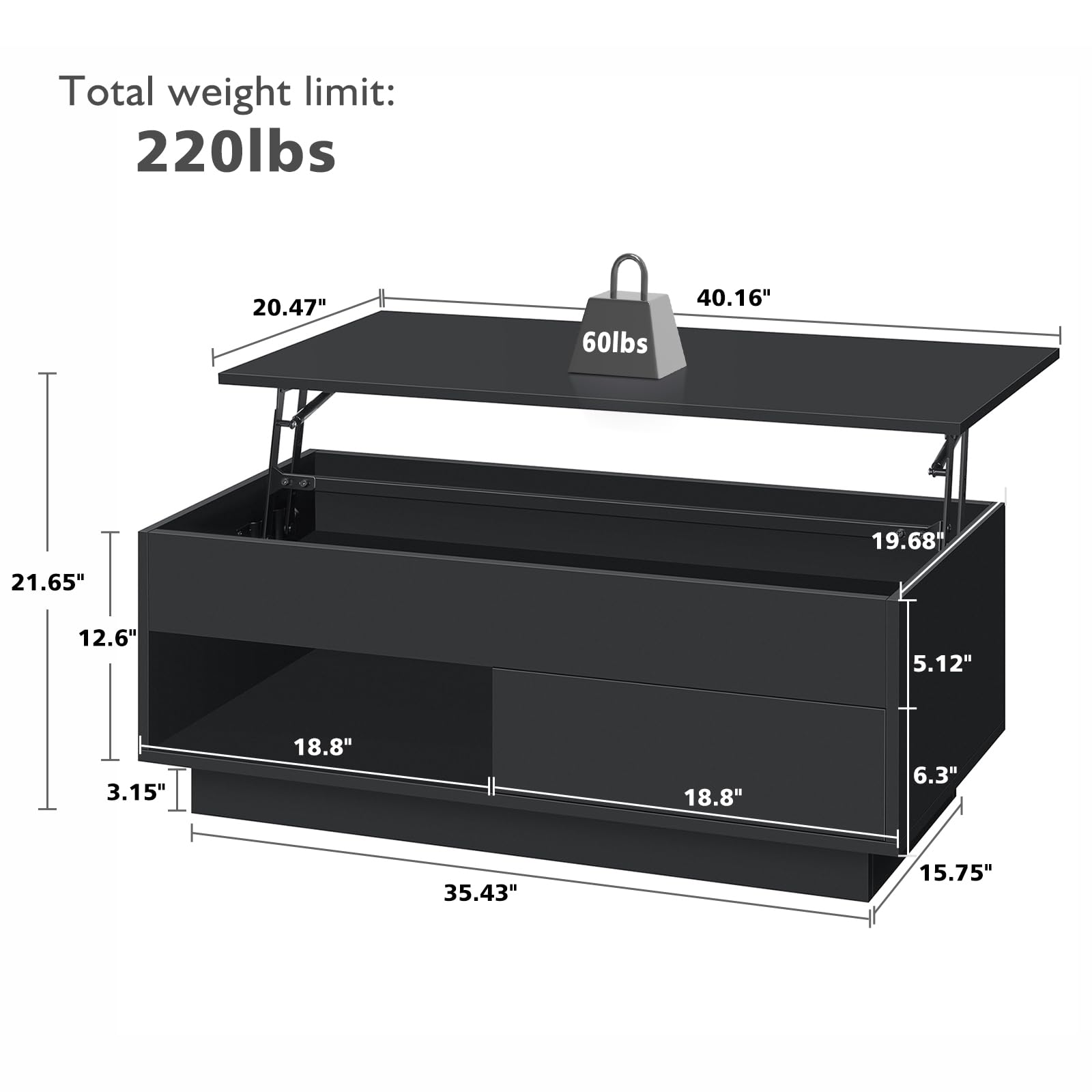 HOMMPA Lift Top Coffee Table with Storage LED Coffee Table Morden High Gloss Living Room 3 Tiers Modern Tea Table with Storage Center Tables Hidden Compartment & Open Shelve & Drawer Black - WoodArtSupply