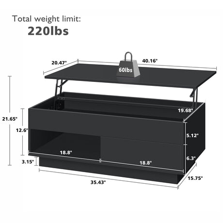 HOMMPA Lift Top Coffee Table with Storage LED Coffee Table Morden High Gloss Living Room 3 Tiers Modern Tea Table with Storage Center Tables Hidden Compartment & Open Shelve & Drawer Black HOMMPA