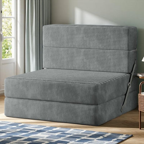 YITAHOME Convertible Folding Sofa Bed, Corduroy Fabric Fold Out Chair Bed, High-Density Memory Foam Floor Futon Couch for Living Room Bedroom Guest Use Apartment, Grey, Single Size YITAHOME