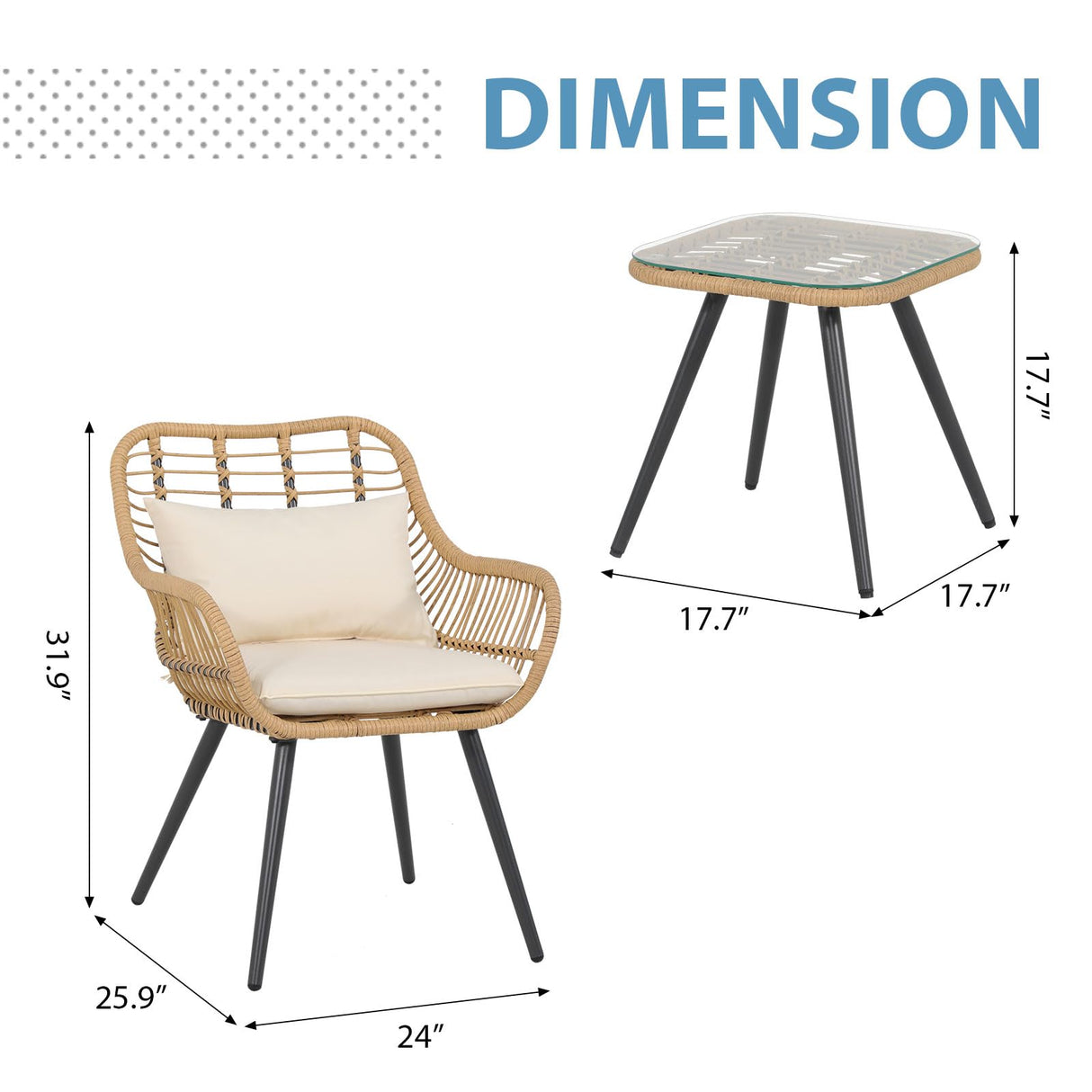 JOIVI 3 Piece Outdoor Wicker Conversation Bistro Set, Patio Furniture Rattan Chairs and Square Side Table Set for Porch, Balcony, Poolside, Yard, White Cushion JOIVI