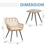 JOIVI 3 Piece Outdoor Wicker Conversation Bistro Set, Patio Furniture Rattan Chairs and Square Side Table Set for Porch, Balcony, Poolside, Yard, White Cushion JOIVI