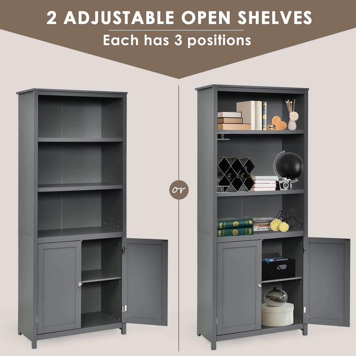 SILKYDRY 71.5" Grey Freestanding Bookshelf with Doors and Adjustable Shelves - WoodArtSupply