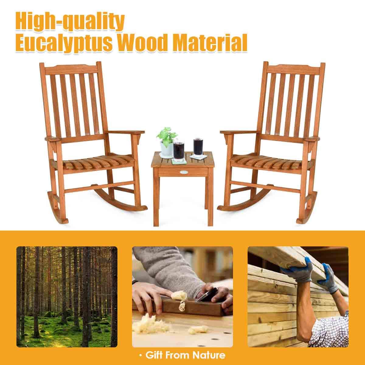 Giantex 3 Piece Patio Rocking Chair Set, Outdoor Wood Conversation Set w/ 2 Rockers & 1 Coffee Table, Eucalyptus Wooden Rocking Bistro Set for Backyard Porch Poolside Lawn - WoodArtSupply