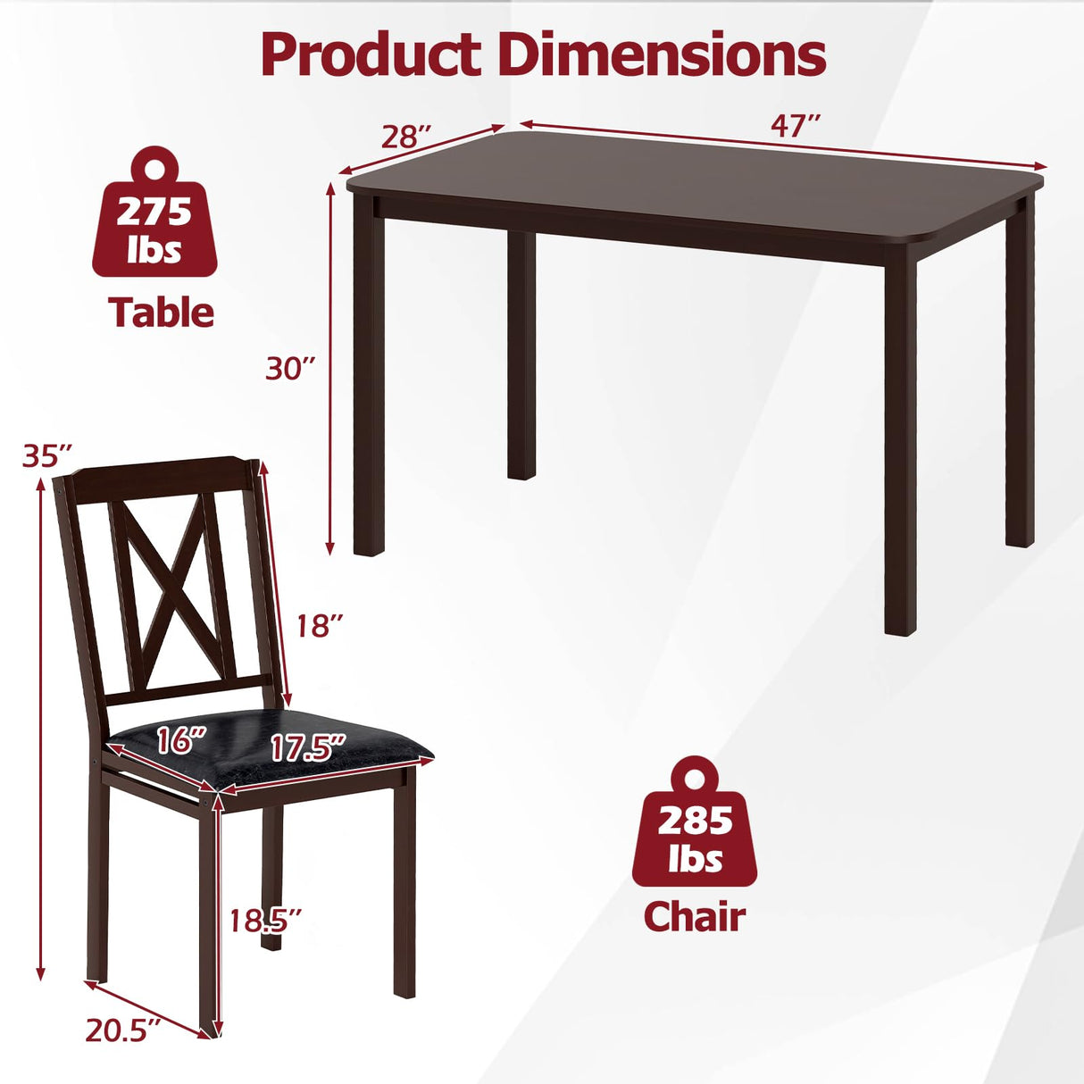 Tangkula 47" Dining Table Set for 4, Farmhouse Solid Wood Dinette Set w/Rubber Wood Legs, 4 Padded Chairs, Mid-Century Modern Dining Table and Chairs Set for Kitchen, Dining Room Tangkula