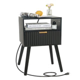 Fultyle Black Nightstand with Charging Station, Mid Cetury Modern Nightstand with Drawers, Fluted End Side Table Living Room for Bedroom and Small Space with Solid Wood (Black) Fultyle