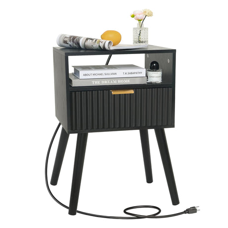 Fultyle Black Nightstand with Charging Station, Mid Cetury Modern Nightstand with Drawers, Fluted End Side Table Living Room for Bedroom and Small Space with Solid Wood (Black) Fultyle