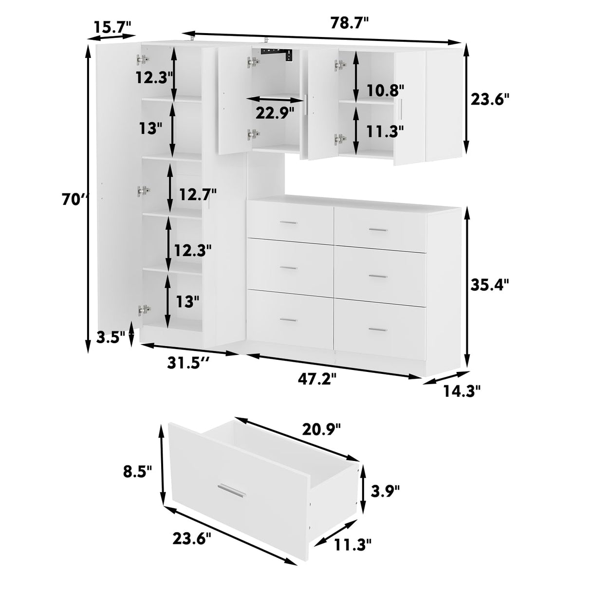 ROMSHINE Large Garage Storage System with 6 Drawers, 3-Piece Workshop Cabinet Set with Wall Mounted Storage, Utility Bookshelf Pantry Cabinet for Home Office Shopping Malls Retail Console, White ROMSHINE