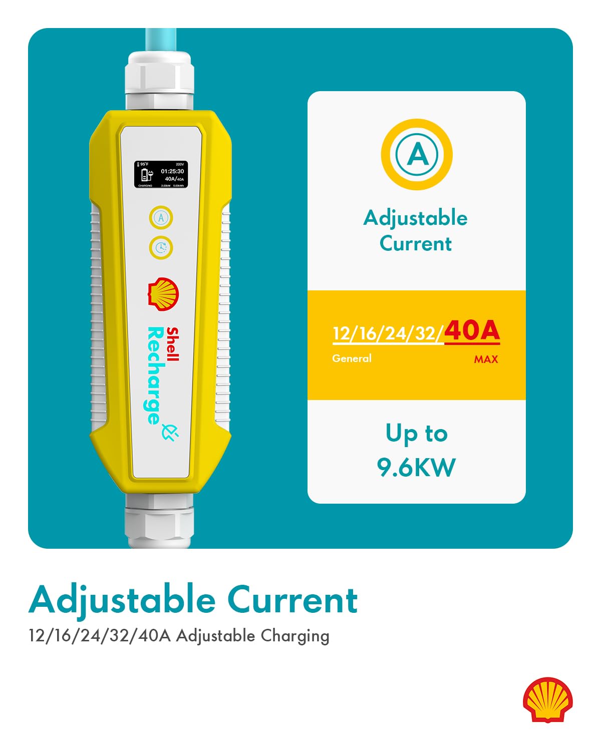 Shell Level 2 EV Charger, 40A ETL Certified Energy Star EV Charger, Home/Outdoor Portable Charging Station Adjustable Current Schedule Time Total Length 24ft Cable Adapter for J1772 Electric Cars Shell